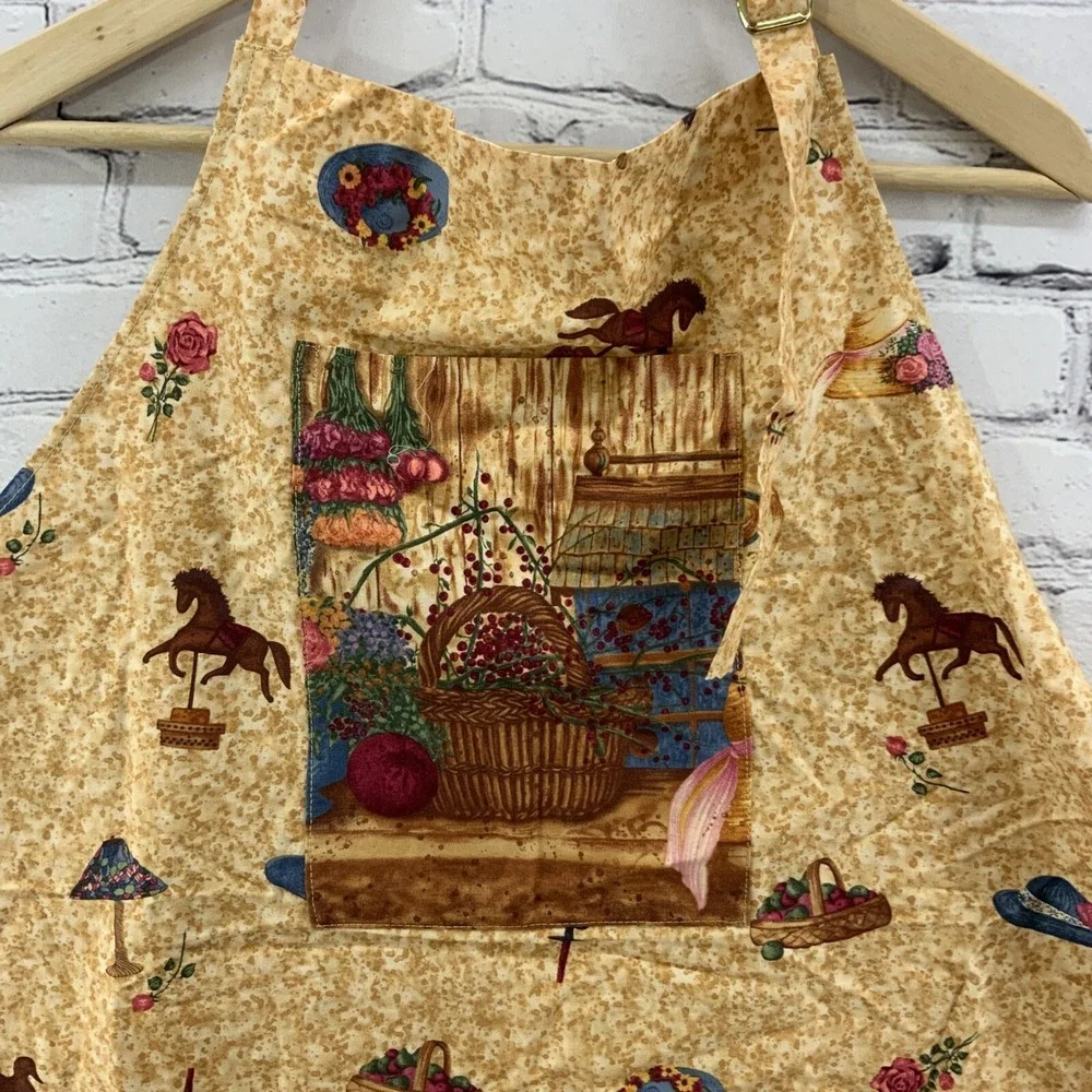 Kitchen Apron Garden Print Cottagecore Beige Flower‎ Baskets Horses